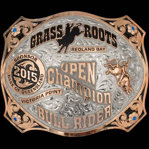 The Victoria Belt Buckle is the perfect trophy buckle for your rodeo event! This unique buckle design features plenty of space for custom logos of every sponsor in the game! Personalize it today! 